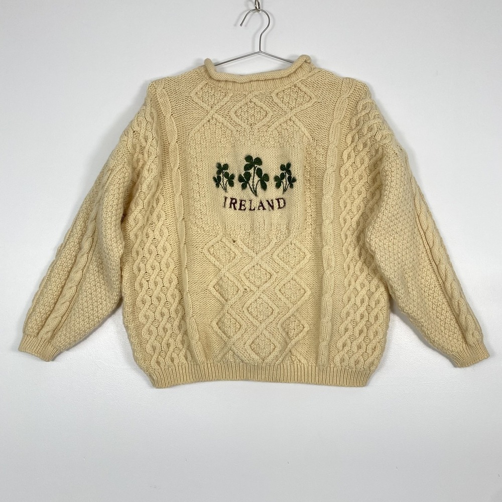 Western Island Sweater Mens 2XL Cream Aran Cable Knit Shamrock Ireland Wool